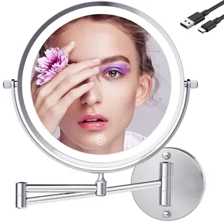TUSHENGTU 9" Groß Kosmetikspiegel Mit Beleuchtung USB Rasierspiegel Dusche Wandmontage 10X/1X Vergrößerung Badspiegel Wiederaufladbar Suitable for Hotels Chrom(960C10X)