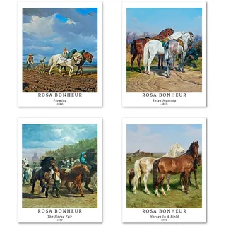Berkin Arts Kunstdruck Ungerahmt Klassisches Pferd Bilder Set von 4, Poster Größe: 28x35 cm Premium Kunstpapier Wanddeko Wiese Natur Wald Himmel Passenden Kinderzimmer Deko Rosa Bonheur Print