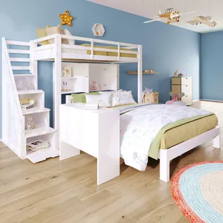 MODFU Etagenbett 90&140x200 Jugendbett mit beweglicher Beistelltisch,Kinderbett mit Aufbewahrungstreppe und Regalen,Hochbett,Bettgestell ohne Matratze,Weiß - Weiß