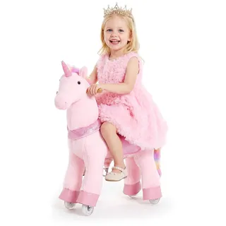 Vevor Reitpferd auf Rollen 80cm, 50kg Belastbares Stehpferd mit Soundfunktion, Spielpferd mit Erhöhtem Sitz Griffen Pedalen, Rosa Einhorn mit Regenbogenmähne zum Reiten für Kinder Mädchen 3-8 Jahren