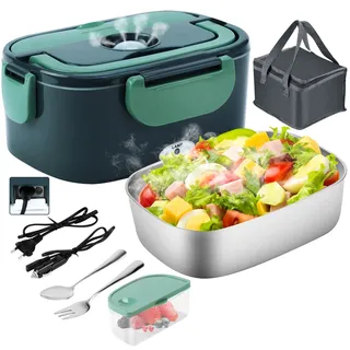 Elektrische Lunchbox 4 in 1 12V/24V/220V~240V, 1.5L 60W Lunch Box Elektrisch Edelstahl Speisenwärmer für Auto, LKW, Büro & Zuhause, Thermo Lebensmittelbehälter mit Gabel, Löffel & Isoliertasche