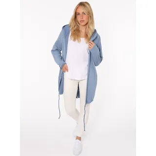 Jerseymantel ZWILLINGSHERZ "Positive Mind", Damen, Gr. L/XL (L/XL), blau (jeansblau), Jersey, Obermaterial: 70% Baumwolle, 30% Polyester, bestickt, unifarben, comfort fit ca. Mitte Oberschenkel, V-Ausschnitt, gerader Abschluss, Mäntel Jerseymantel, mit hohem Baumwollanteil, sommerliche leichte Sweatware