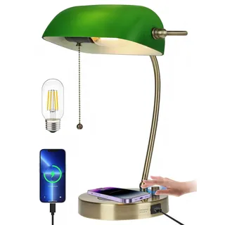 Newrays Bankers Schreibtischlampe aus grünem Glas mit kabellosem Ladegerät, USB-Ladeanschluss für das Heimbüro, stufenlos dimmbare Tischlampe, LED-Leuchtmittel im Lieferumfang enthalten