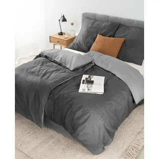 LIONTO dibea Renforcé-Wendebettwäsche aus 100% Baumwolle, 135x200 cm, Kissenbezug 80x80 cm, 4-teilige Bettwäsche zu jeder Jahreszeit, pflegeleicht und formstabil, inkl. Oeko-TEX Zertifikat, grau