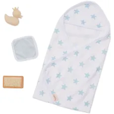 LullaBaby – Kapuzenhandtuch für 36 cm Baby Puppen – Handtuch mit Kapuze und blauen Sternchen – Badeente, Waschlappen, Bürste – Baby Puppenzubehör – Spielzeug für Kinder ab 2 Jahren – Blaue Sterne