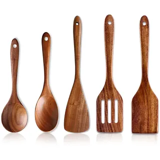 5 Stück Pfannenwender Holz Mit Loch Küchenutensilien Set Holzlöffel Kochen Besteckhalter Kuechenhelfer Set Suppenlöffel Groß Pfannenwender Salatbesteck Olivenholz Kochlöffel Geschenke Kochutensilien