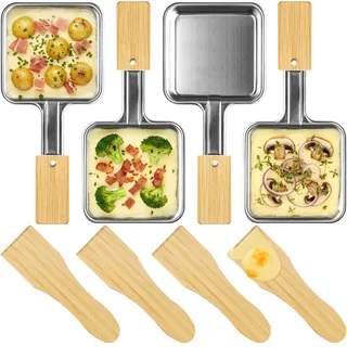 Kosmosta 4er Set Edelstahl Raclette Pfännchen Quadratisch mit Extra Langem Griff und Bambusgriff, 4 Bambus Spatel, Ohne Beschichtung, Große Raclette Grillpfannen, Ersatz Zubehör