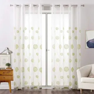 MIULEE Vorhänge mit Florales Stickerei, Gardinen Weiß mit Grün Muste für Wohnzimmer, Schlafzimmer Vorhang Transparent mit Ösen, 2er Set Voile Blumen Durchsichtig Vorhänge, Jeder H 225 X B 140cm