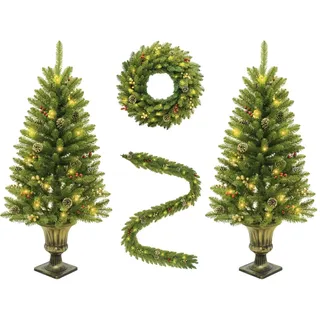 GarveeLife Weihnachts Dekor Set, 2-teiliges Künstliche Weihnachtsbäume (120 cm) mit Beleuchtung, Kranz und Girlande mit Tannenzapfen und roten Beeren, Naturgetreu Tannenbaum Deko für Veranda, Party