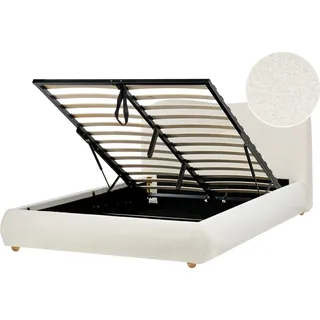 BELIANI Bett mit Bettkasten Cremeweiß Bouclé Gepolstert 140 x 200 cm Lattenrost Hochklappbar Hohes Kopfteil Modern Schlicht Schlafzimmer Polsterbett - Weiß, Braun