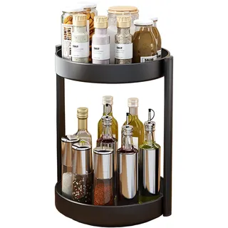 JOUING Drehteller Organizer Gewürzregal Drehbar 2 Etagen Metall Lazy Susan für Schrank Drehbares Gewürzregal für Küche Organizer für Kosmetik, Badezimmer(Schwarz)