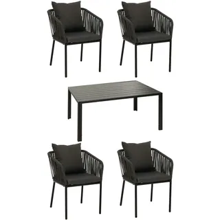 Mendler Gartengarnitur HWC-N41, Tisch+4xStuhl, wetterfest Alu 140x80cm, Seilgeflecht Rope ~ anthrazit, Kissen dunkelgrau
