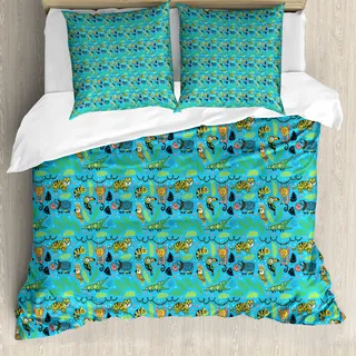ABAKUHAUS Tier Bettbezug Set für Einzelbetten, Bunte Waldtiere, Milbensicher Allergiker geeignet mit Kissenbezug, 155 cm x 220 cm - 80 x 80 cm, Deep Sky Blau Multicolor - Blau