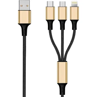 2GO 3in1 USB Ladekabel Micro-USB,Apple,TypeC Nylon 1,5m gold - Schwarz