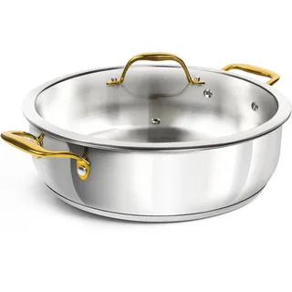 MICHELANGELO Edle Servierpfanne 30 cm mit Deckel (5,7 L) - Edelstahl Schmorpfanne Unbeschichtet mit Goldenen Griffen, Große Pfanne für Induktion, Backofen & Tischpräsentation