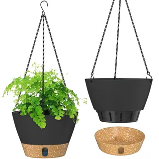 ZMTECH Hängetopf für Pflanzen, 25cm Blumentopf Ampel Hängend, Kunststoff Hänge Blumentopf mit Untersetzer für Außen Draußen Deko für Garten Balkon Wohnzimmer(2er-Set, Dunkelgrau)