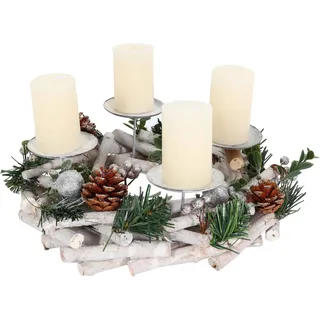 Adventskranz HWC-M12, Adventsgesteck Tischkranz Weihnachtsdeko Tischdeko Holz silber weiß Ø 30cm  mit Kerzen - Weiß