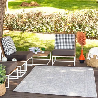 Livabliss Demre Outdoor wetterfest - In und Outdoor für Balkon 160x213 cm, Terrasse, Garten, Küche - e Boho Style für draußen - Hellgrau und Elfenbein
