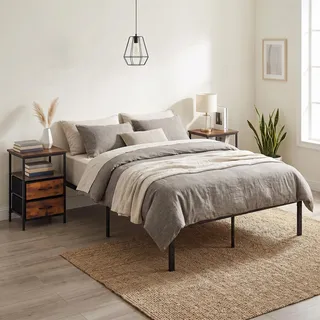 FurnitureR Schlafzimmer Set mit Metallbett 140x200 cm und 2 Nachttischen, Doppelbettgestell mit Lattenrost und 2 Beistelltischen mit Schublade, Industrial Design Bett & Nachtkommode Set