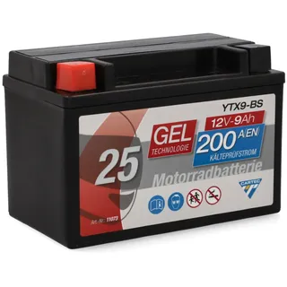 CARTEC Motorradbatterie YTX9-BS, 9Ah, 200A, Gel Technologie Motorrad-Starter-Batterie, Erstausrüsterqualität, zyklenfest, lagerfähig, wartungsfrei, schwarz