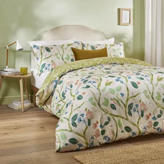 furn. Duvet Day Woodlow Bettbezug-Set – Wendbare Bettwäsche mit Blätterdruck, handgezeichneten tropischen Vögeln und Blumenmuster (Mehrfarbig/Salbeigrün – Einzelbett)