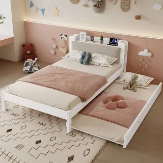 Merax Kinderbett Funktionsbett 120x200cm mit Ausziehbett 90x190cm, Holzbett mit gepolstertem Kopfteil, Gästebett mit Regal und Ladestation, Weiß - Weiß