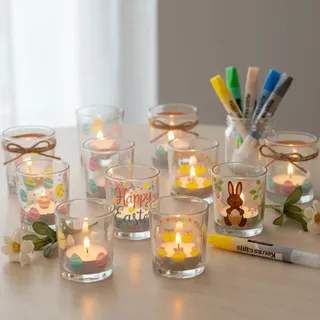 Sinmoe DIY Teelichtgläser Bemalen Set Ostern Geschenke 12 Teelichthalter aus Glas Transparent Teelicht Gläser 12 Teelichter Kerzen 6 Wachsstifte für Kerzen Kerzenfarbe Tischdeko Hochzeit Party
