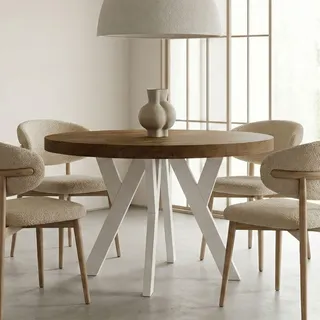 Runder Ausziehbarer Tisch für Esszimmer, PERO, Loft-Stil, Skandinavische, Durchmesser: 110 / 210 cm, Farbe: Eiche Lefkas / Weiss - Dunkelbraun