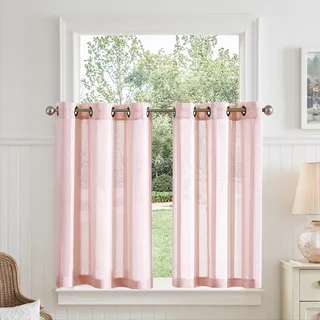 TOPICK Voile Scheibengardinen modern H 90 x B 90 (cm) 2er Set mit Ösen Transparent Bistrogardine Landhaus Streifen Küchenvorhang Gestreift Küchengardinen für Wohnzimmer Klein Fenster Dekor Rosa