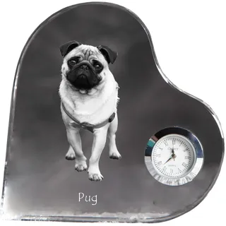 Mops, Pug, Carlin, Carlino, Doguillo - Kristalluhr mit einem Hundebild, Herzregal-Uhr, personalisierte Standuhr der Marke Art-Dog - Transparent