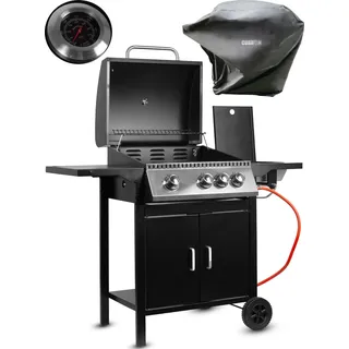 MalTec Gasgrill PartyTogether 3+1 + Schutzhülle, Gartenhaus, Gas, mit Thermometer, mit Rollen, Zusatzbrenner - Schwarz
