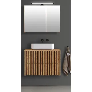 Badmöbel Set modern 2-teilig Eiche Desio-107 LED Spiegelschrank, Keramik Waschbecken - Braun