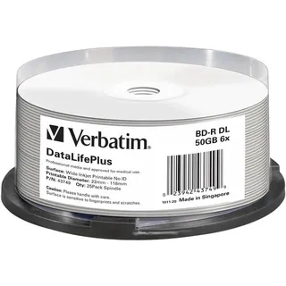 Verbatim BD-R, Blu-Ray-Disk 50GB - Bedruckbare Oberfläche - 6-fache Brenngeschwindigkeit - DataLifePlus - 25 Stück Spindel