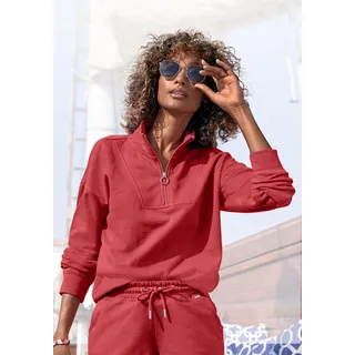 Sweatshirt H.I.S, Damen, Gr. 44/46, rot, Interlock, Obermaterial: 60% Baumwolle, 40% Polyester, unifarben, bequem normal, Rippbündchen, Sweatshirts Sweatshirt, Troyer im maritimen Stil, Loungewear