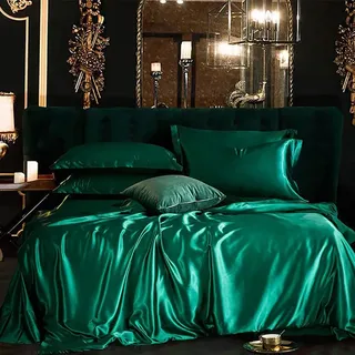 Omela Satin Bettwäsche Set 135x200 Grün Dunkelgrün Einfarbig Unifarben Glatt Bettbezug mit Reißverschluss 2 Teilig 100% Glanzsatin Polyester Sommerbettwäsche und Kissenbezug 80x80 cm