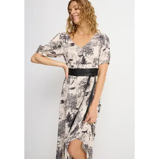 Maxikleid LASCANA, Damen, Gr. 34, N-Gr, beige (schwarz, creme bedruckt), Web, Obermaterial: 100% Viskose, bedruckt, figurumspielend knöchellang, V-Ausschnitt, Puffärmel, Kleider Maxikleid, mit Alloverdruck und V-Ausschnitt, Sommerkleid, Strandkleid