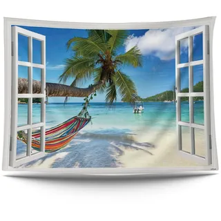 Ulticool – Ansicht Strand Meer Palmen Hängematte - Wandteppich Poster - 200x150 cm - Gartenposter - Wandteppich groß – Dekoration Zubehörteil für Garten und Wohnzimmer