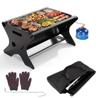 GFTIME Tragbarer gasgrill mit Stecksystem, Gas & Holzkohlebetrieb – Inkl. Gusseisen Grillplatte,Tragetasche, Mobiler Steck-Gasgrill, Perfekt für Camping, Garten, Balkon, Outdoor, Dreieckiger Gasgrill