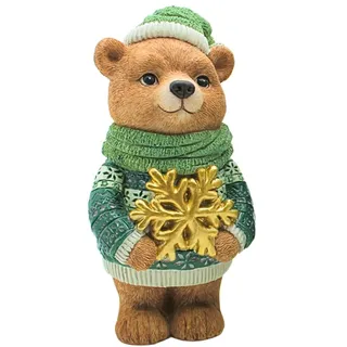 Dekohelden24 Dekobär, Weihnachtsfigur, Figur Bär, Deko-Braunbär, Weihnachtsfigur, Winterfigur mit Schal und Goldener Schneeflocke in der Hand aus Keramik, in grün und braun, L/B/H 10 x 8 x 18cm.