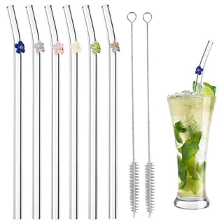 6 Stück Glasstrohhalme Wiederverwendbar, Gebogenes Strohhalm-Design mit Bunten Blumen, Gebogene Strohhalme Glas, mit 2 Reinigungsbürsten, für Bubble Tea, Slush, Cocktail, Säfte