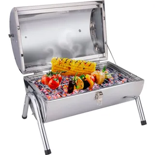 BBQ Collection Klappbarer Tischgrill Holzkohlegrill - Tragbarer Tischgrill Holzkohle - 39 x 26 x 28,5 cm - Silber