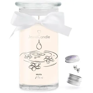 JuwelKerze Milk & Monoi Ohrringe Silber - große Schmuckkerze 80 Std - Duftkerze mit blumigem Duft - Kerze mit Schmuck - Geschenke für Frauen, Geburtstag