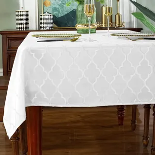Jacquard-Tischdecke mit Blumenmuster, Polyester, auslaufsicher, knitterfrei, Tischdecke für Küche, Esstisch, Dekoration (weiß, rechteckig/länglich, 152,4 x 304,8 cm (10–12 Sitze)