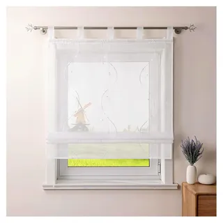 Raffrollo Landhaus Raffgardine Küche Modern Schlaufenrollo Leinenoptik mit Wellenmuster Transparente Rollos Kurz Fenster Schal mit Schlaufen B/H 80/140 cm Weiß