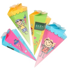 com-four® 4X Schultüte 30cm, Geschwisterschultüten aus Pappe, Faltbare Zuckertüte für die Einschulung zum Schulanfang, Geschenkverpackung für Schulanfänger (4 Stück - Schulsachen + Kids)