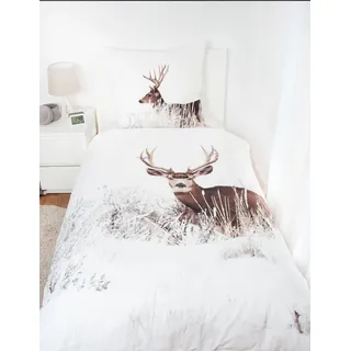 Flanell Bettwäsche Set Winterlandschaft Hirsch 2tlg. Biber 155x220 cm Übergröße - Weiß