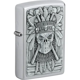 Zippo Sturmfeuerzeug - Indian Skull, Satin Chrome, Emblem - Nachfüllbar - Wiederverwendbar - Windfestes Design - Geschenkbox - Made in USA