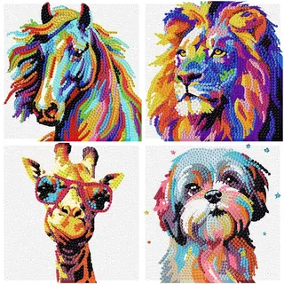 Viart 4er Set Diamond Painting Kinder Tiere, Pferd Löwe Hirsch Hund Diamant Painting Bilder Kinder, Tiere Diamond Painting Kids ab 4 6 8 10 12 Jahren (15x15cm)