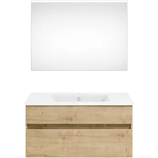 Puris Badezimmer , Eichefarben , Holzwerkstoff , 2 Schubladen , 92 cm , Goldenes M, Made in Germany , hängend , Badezimmer, Badmöbelsets & Badmöbelserien, Badmöbel-Sets