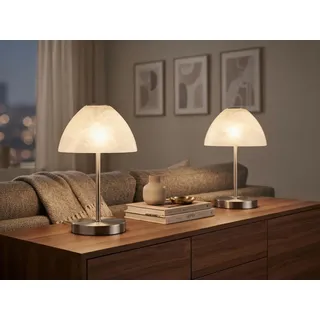 2er SET kleine LED Tischlampen dimmbar Höhe 24cm Metall Silber -Glasschirm Weiß - Silber, Weiß